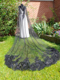 Black Gothic Bridal Cathedral Wedding Cape Veil With Lace Edge And Safety Pins