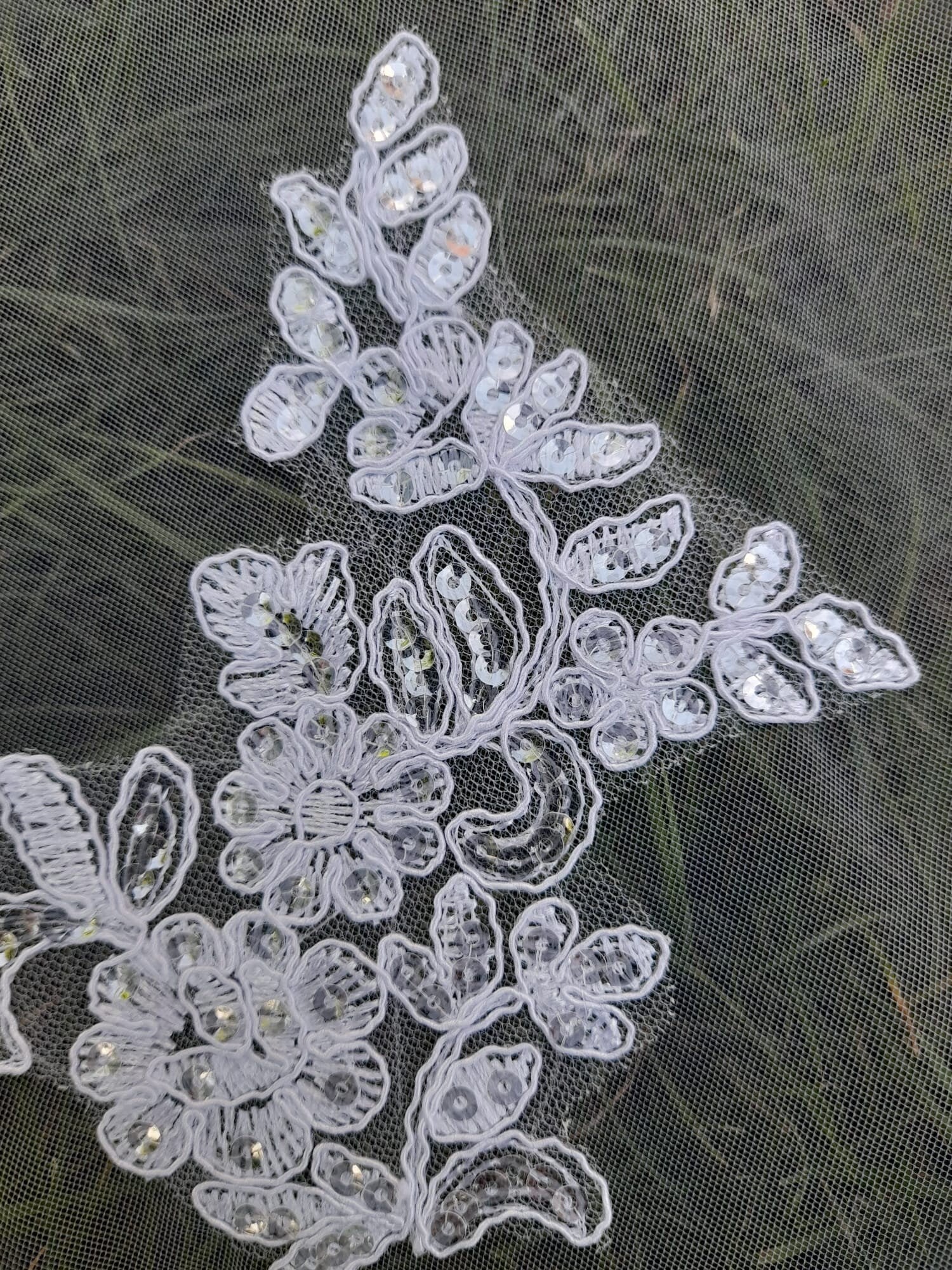 White Cathedral Veil: Sequined Lace Edge, Bridal Comb (300cm)