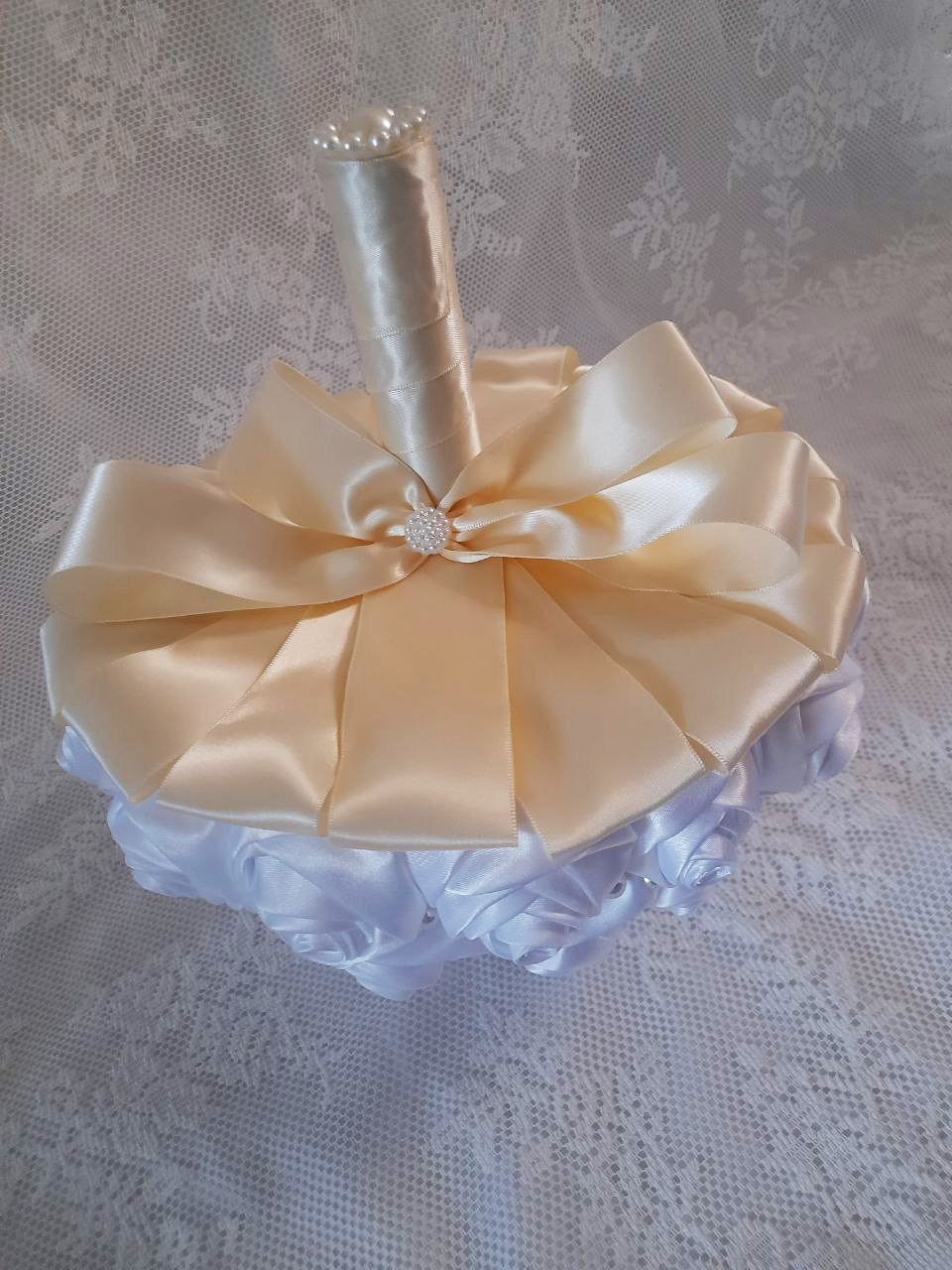 Elegant White Satin Rose Wedding Bouquet Adorned with Pearls and Ivory Satin Handle