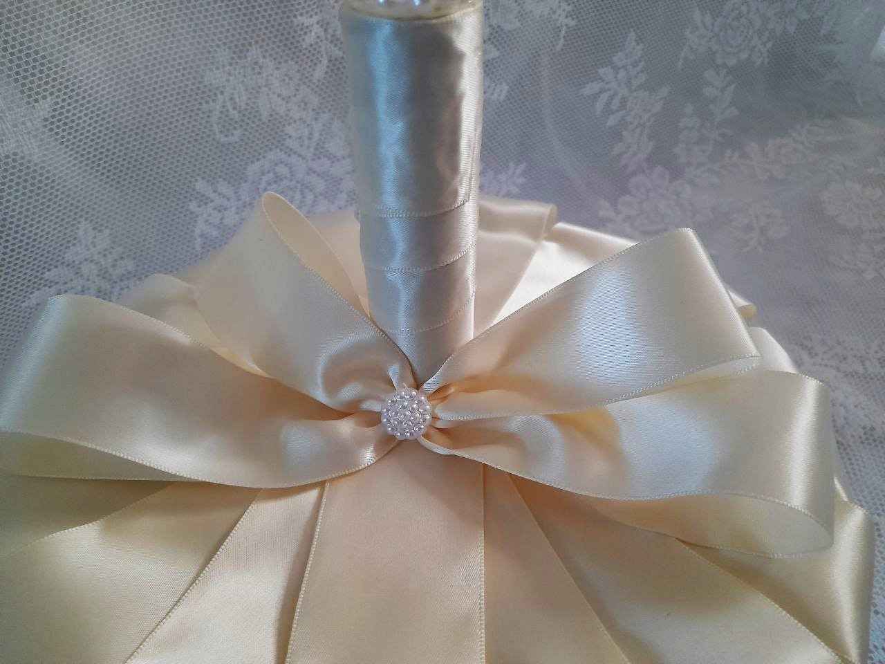 Elegant White Satin Rose Wedding Bouquet Adorned with Pearls and Ivory Satin Handle
