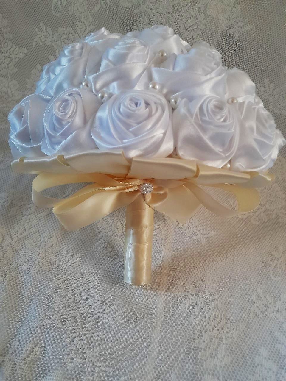 Elegant White Satin Rose Wedding Bouquet Adorned with Pearls and Ivory Satin Handle