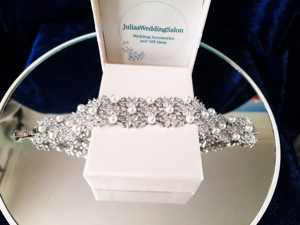 Pearl and Silver Bridal Bracelet, Elegant Jewellery For Formal Event