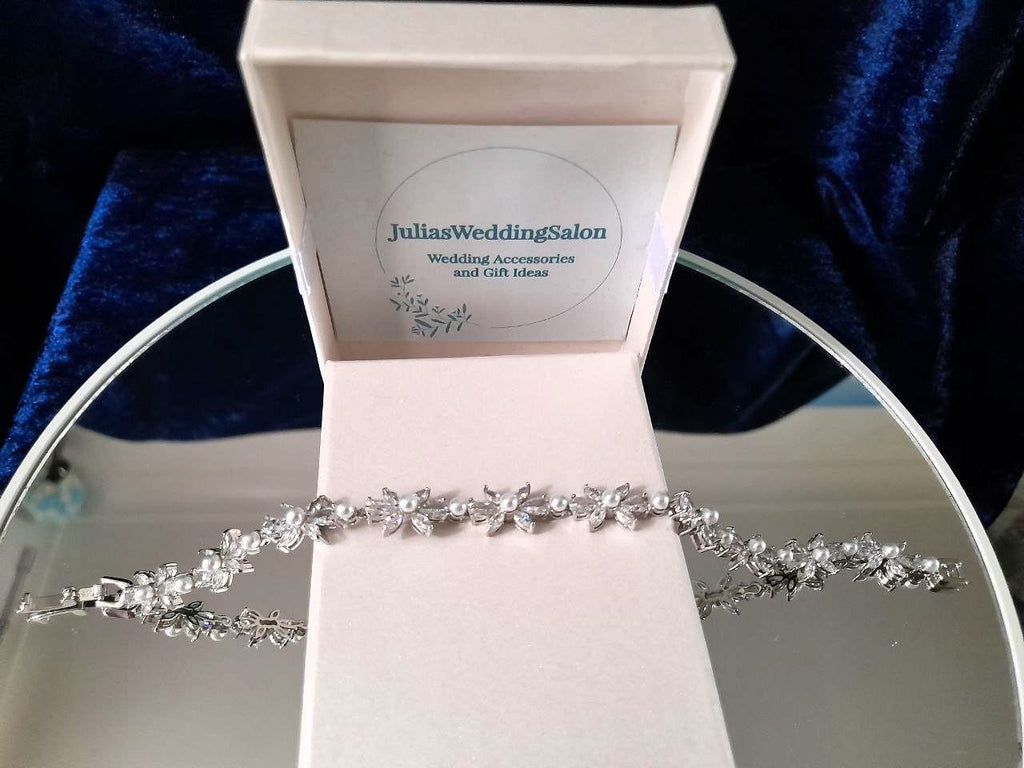 Silver Bridal Bracelet: Pearl & Cubic Zirconia Wedding Jewelry