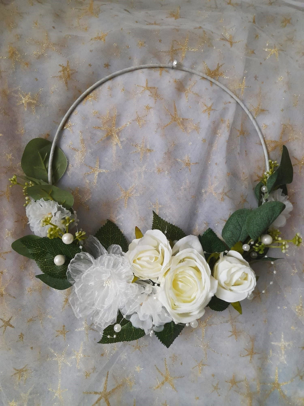 Floral Hoop Ivory Green Fall Wedding Bouquet - Boho Alternative Bridesmaid Bouquet