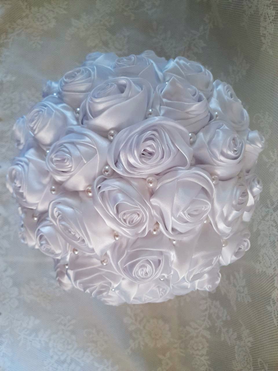 Elegant White Satin Rose Wedding Bouquet Adorned with Pearls and Ivory Satin Handle