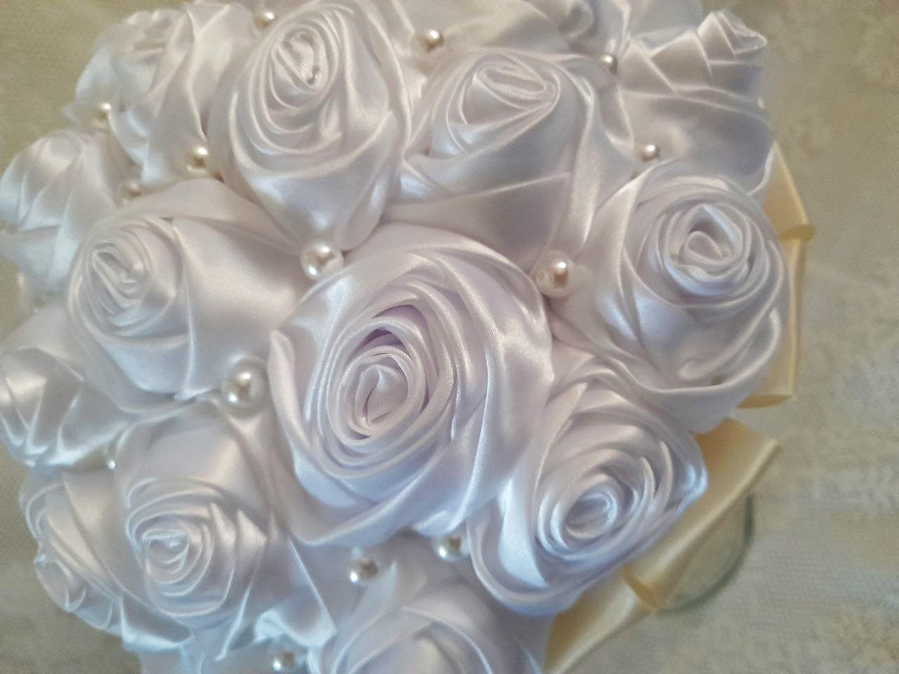 Elegant White Satin Rose Wedding Bouquet Adorned with Pearls and Ivory Satin Handle
