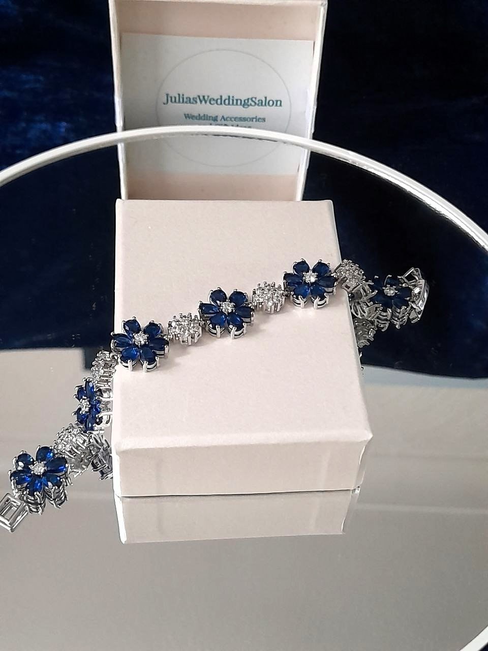 Royal Blue Floral Bracelet: Cubic Zirconia Silver Plated Copper