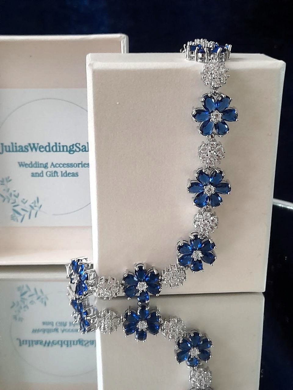 Royal Blue Floral Bracelet: Cubic Zirconia Silver Plated Copper