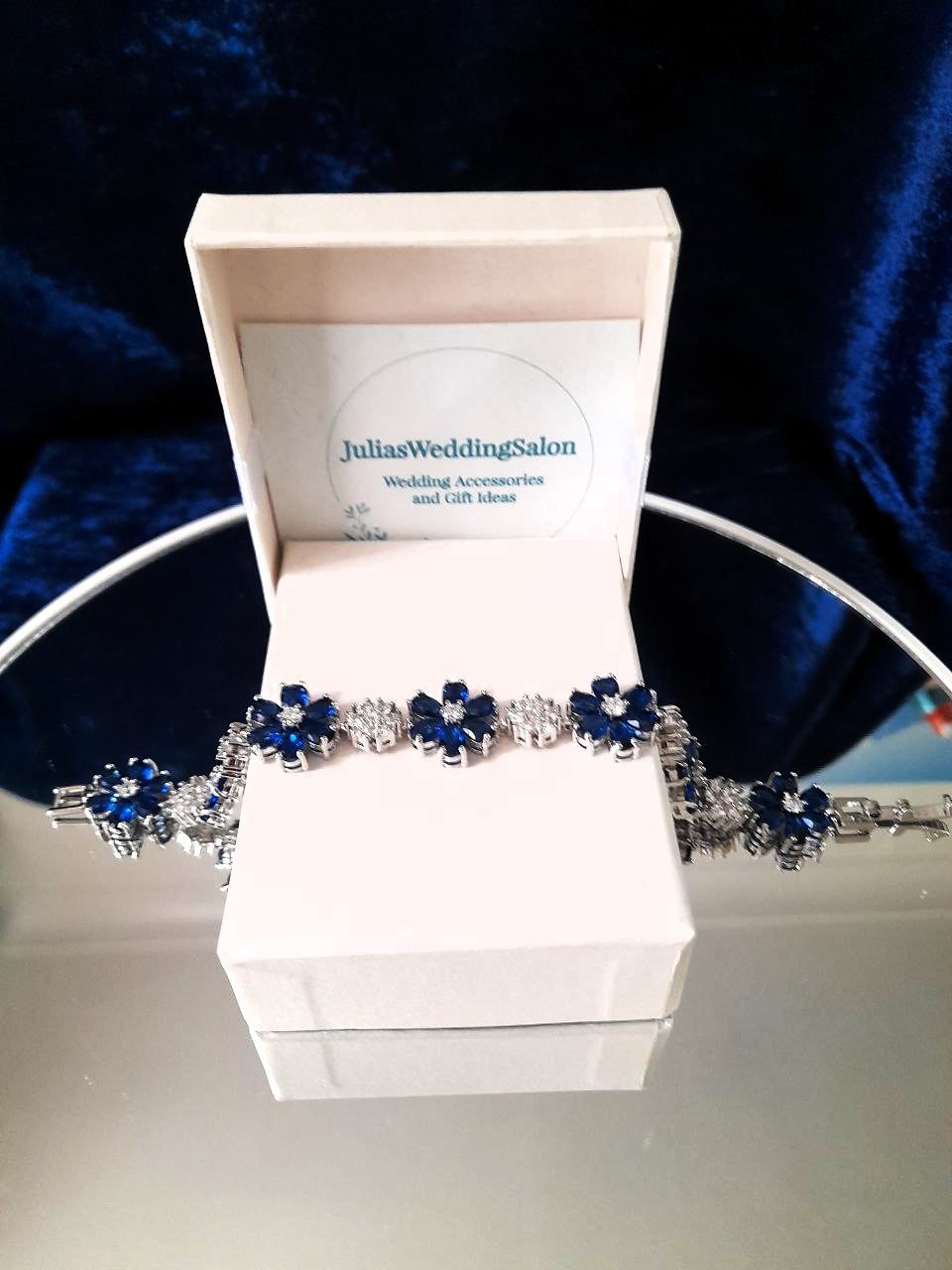 Royal Blue Floral Bracelet: Cubic Zirconia Silver Plated Copper