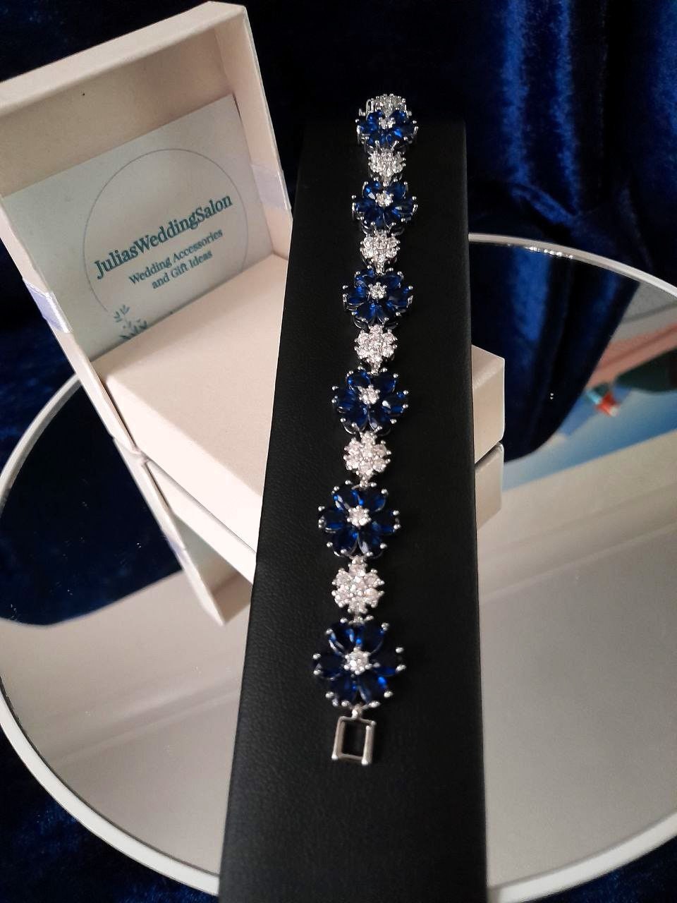 Royal Blue Floral Bracelet: Cubic Zirconia Silver Plated Copper