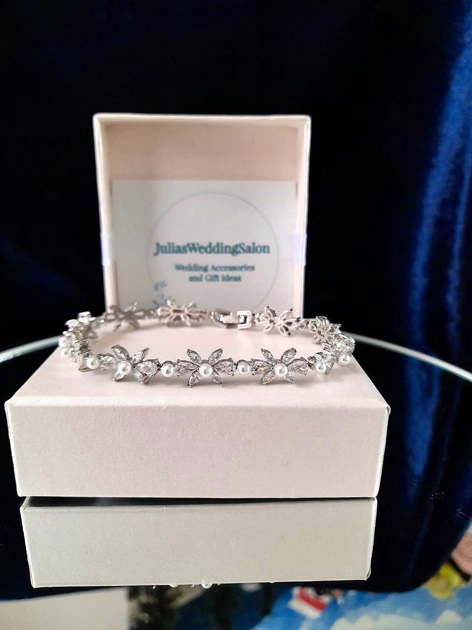 Silver Bridal Bracelet: Pearl & Cubic Zirconia Wedding Jewelry