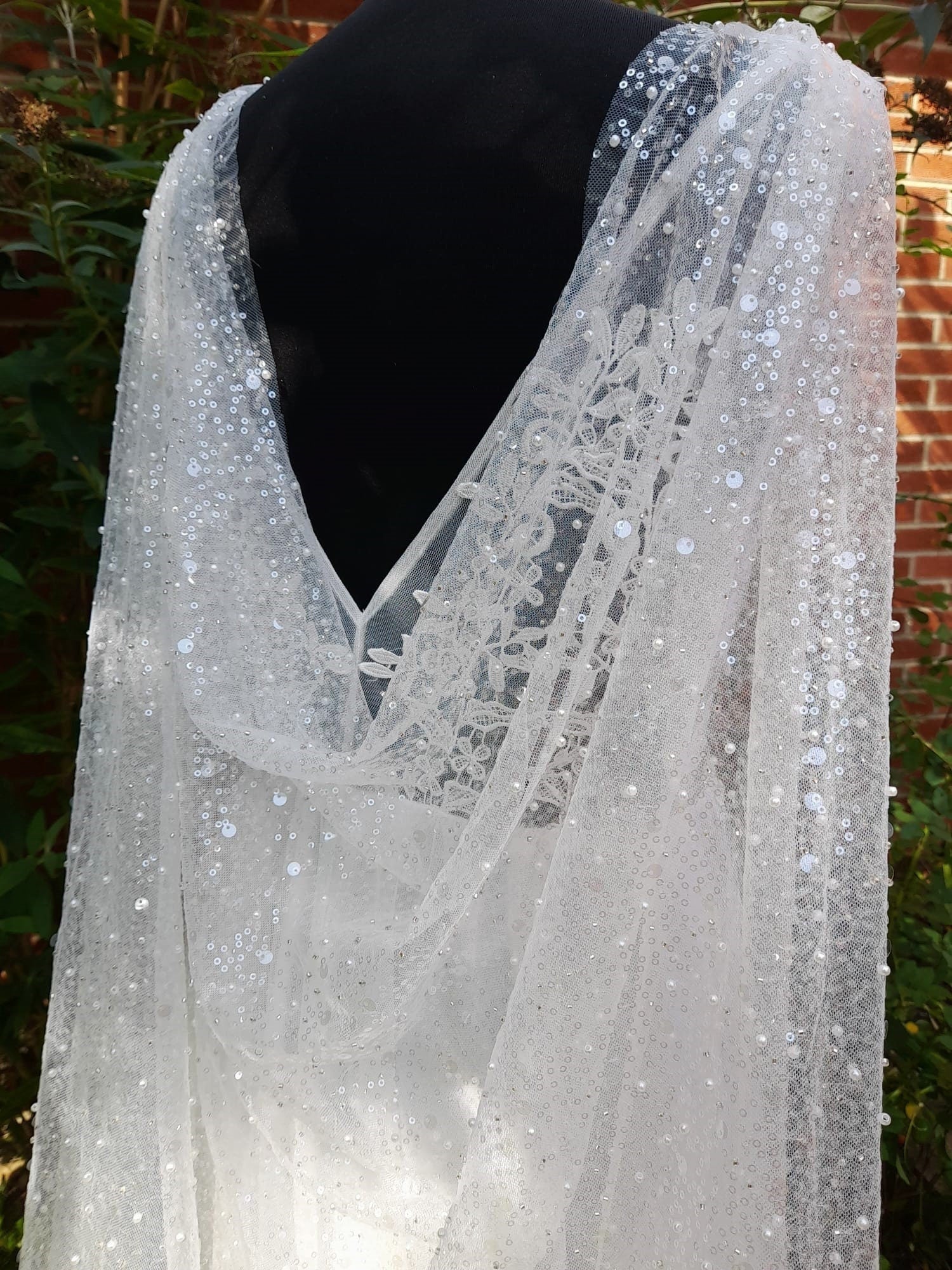 Ethereal Light Ivory Wedding Cape Veil with Beaded Cathedral Elegance