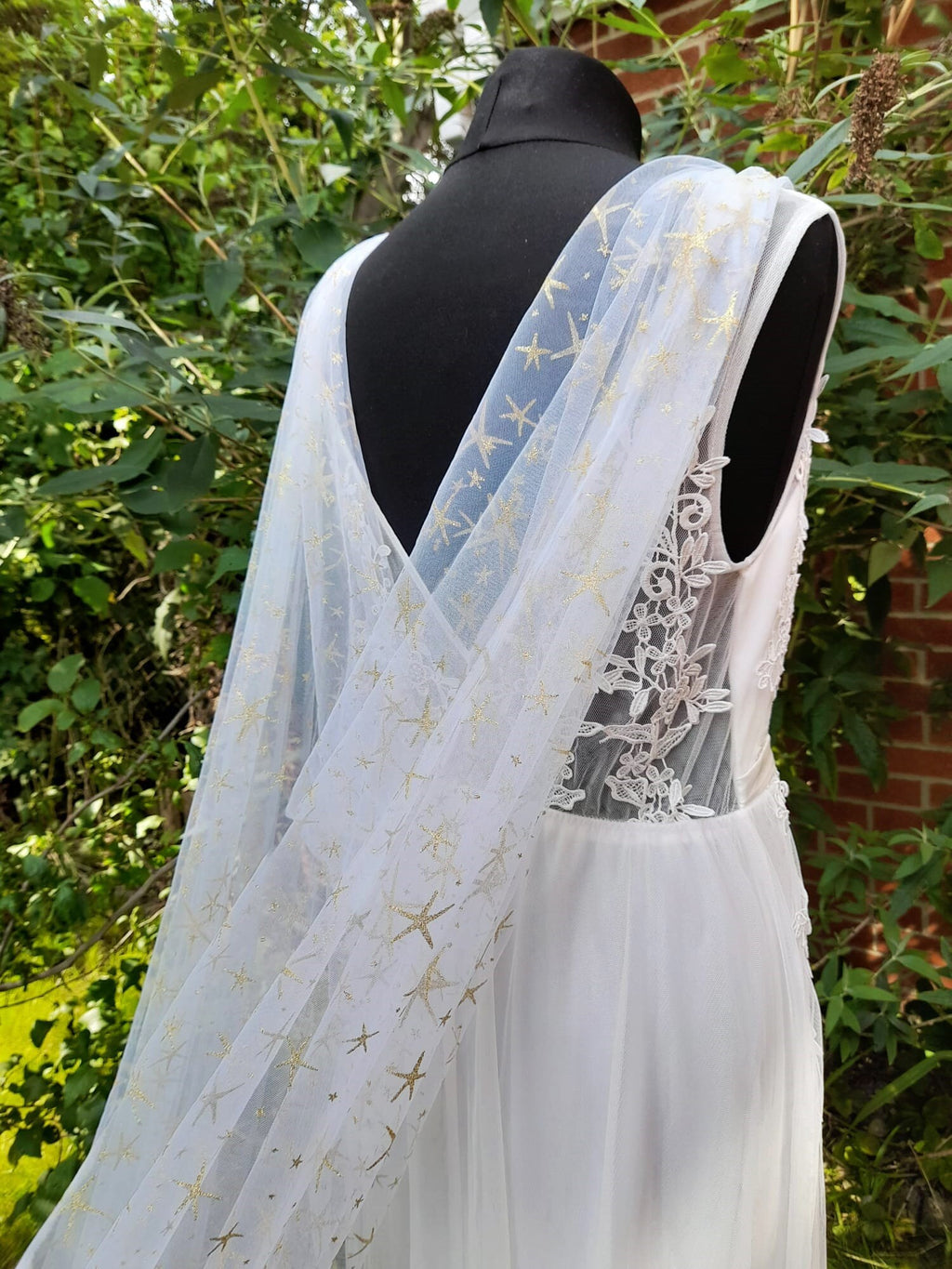 Celestial Elegance: Ivory Cape Veil with Gold Stars, Moon Goddess Wrap
