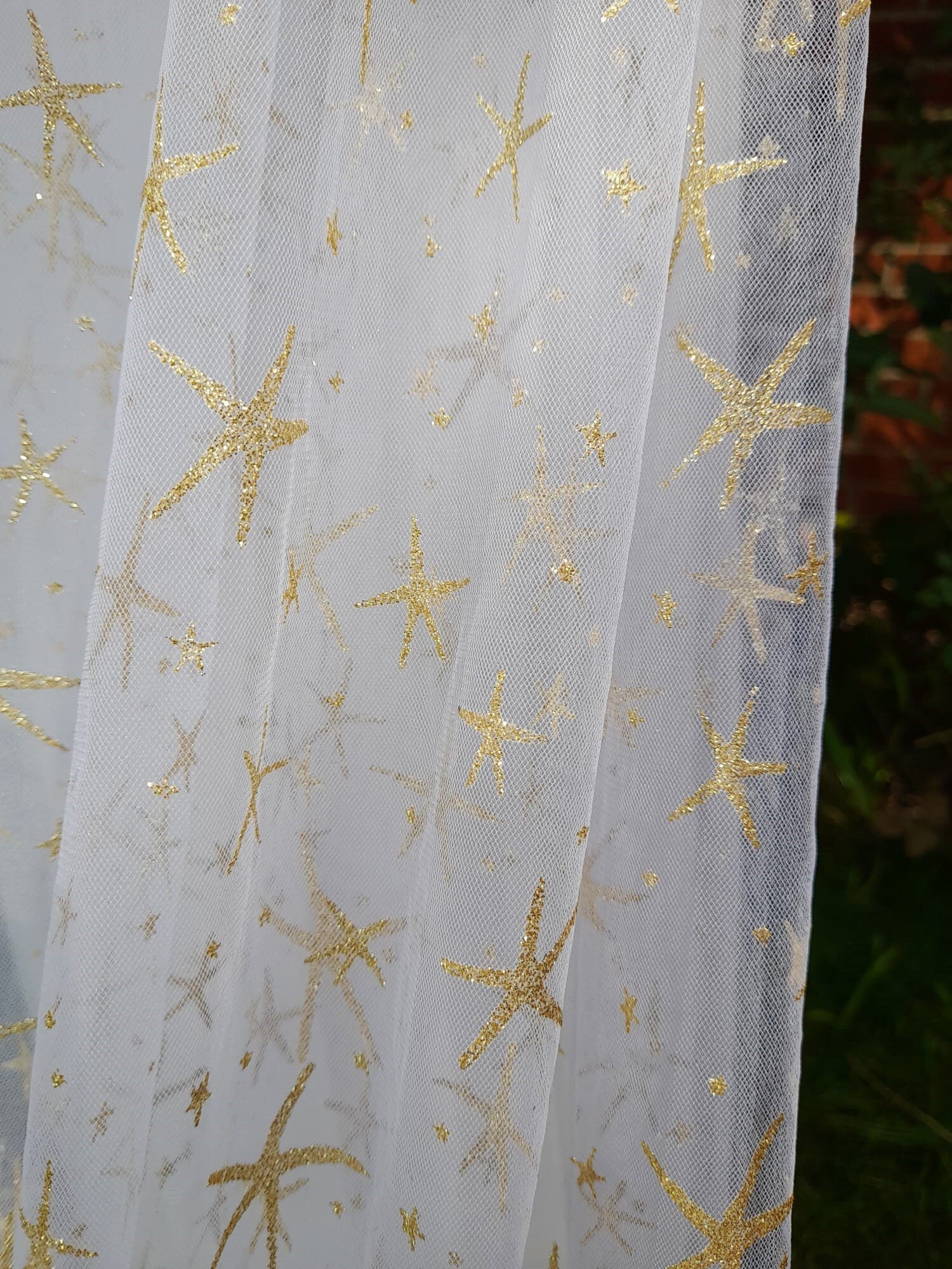 Celestial Elegance: Ivory Cape Veil with Gold Stars, Moon Goddess Wrap