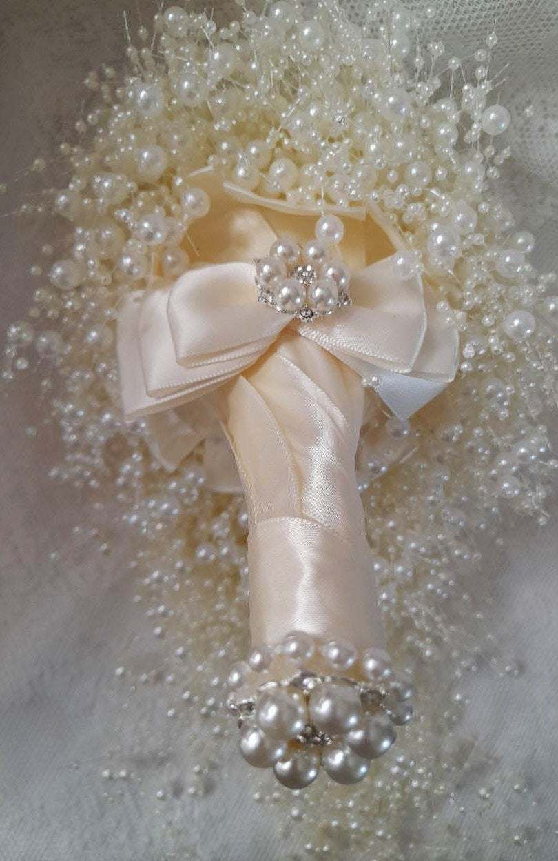 Ivory Pearl Waterfall Bridal Bouquet With Satin Handle: Cascading Wedding Bouquet