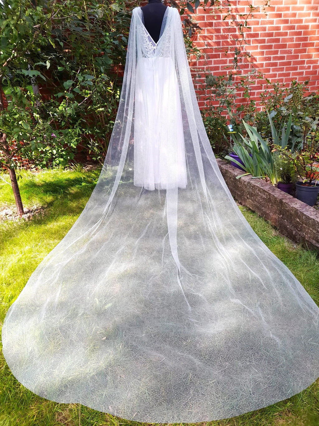 Romantic Sage Green Wedding Cape Veil with Silver Dust - Enchanting Customizable Cathedral Wrap
