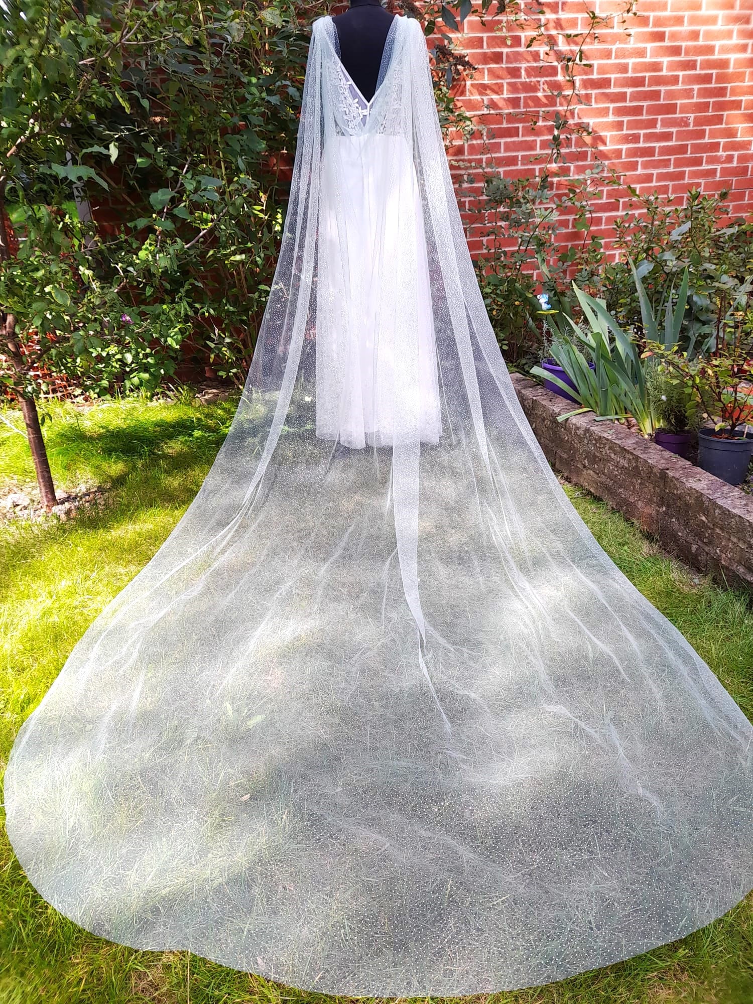 Romantic Sage Green Wedding Cape Veil with Silver Dust - Enchanting Customizable Cathedral Wrap
