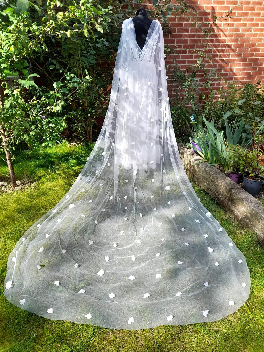 Elegant Cathedral Length Cape Veil with 3D Flowers - Choose Off-white, White or Ivory