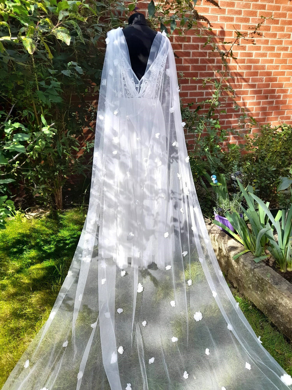 Elegant Cathedral Length Cape Veil with 3D Flowers - Choose Off-white, White or Ivory