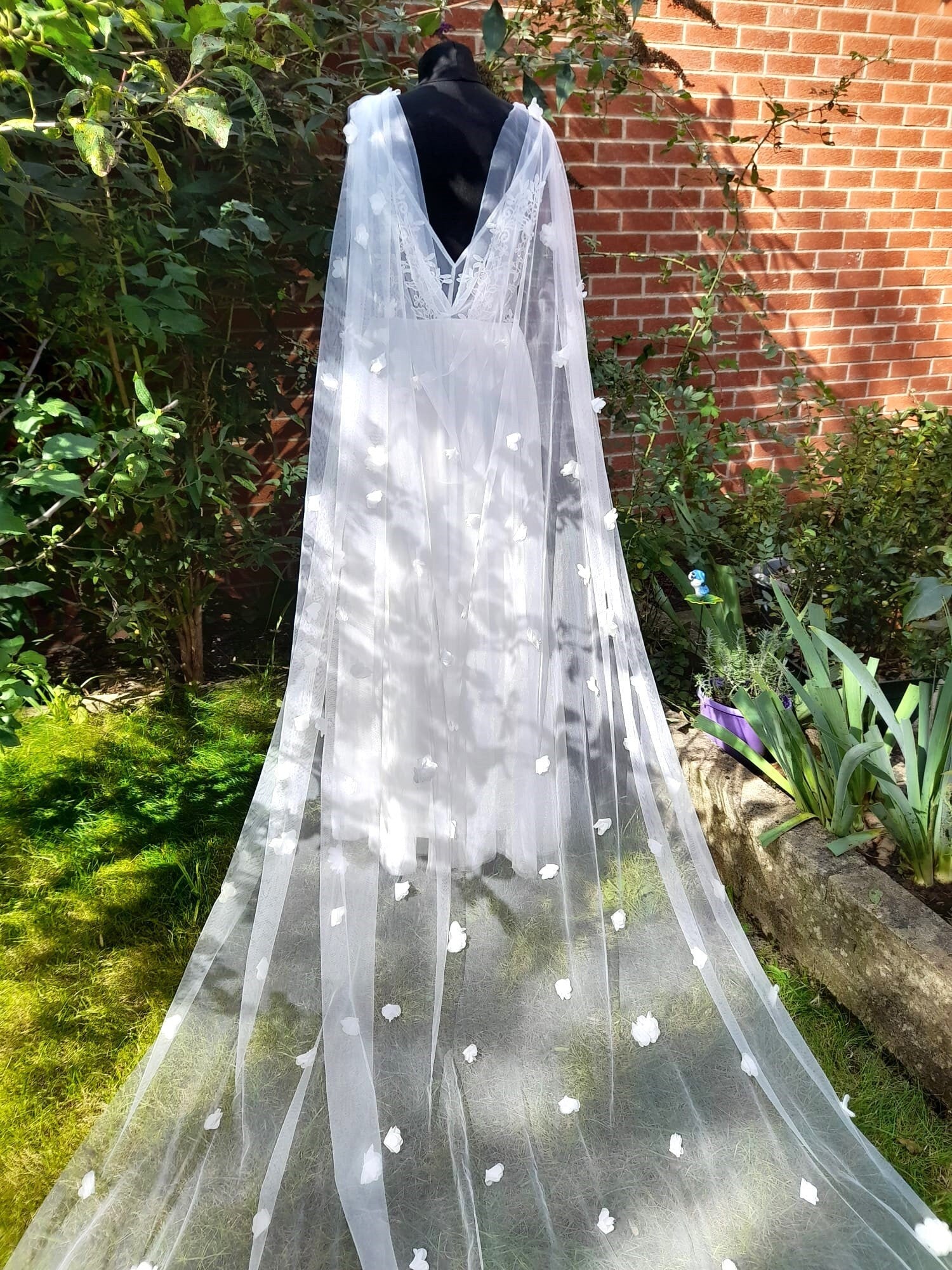 Elegant Cathedral Length Cape Veil with 3D Flowers - Choose Off-white, White or Ivory