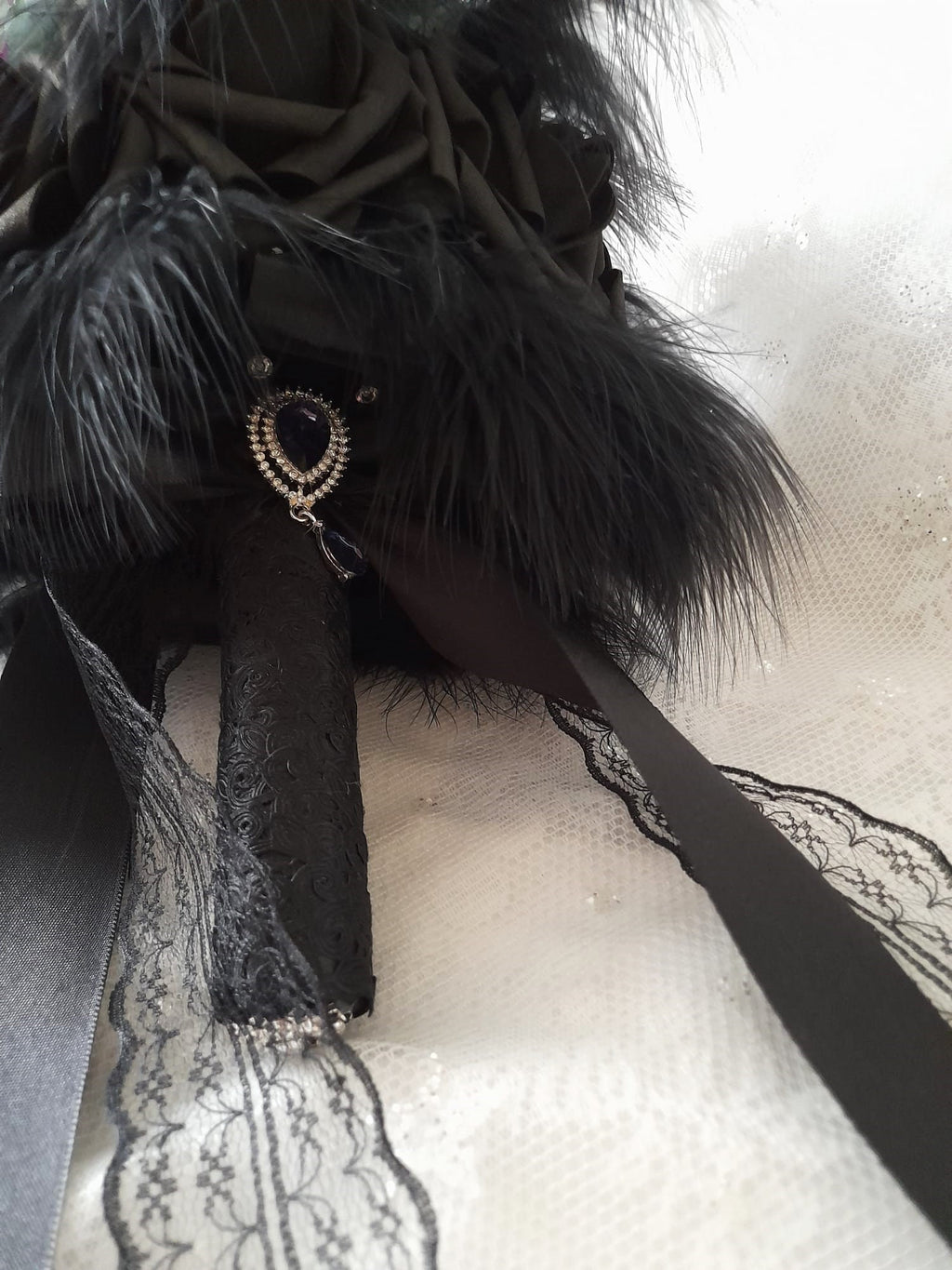 Black Gothic Wedding Bouquet with Feathers: Dark Romance Decor