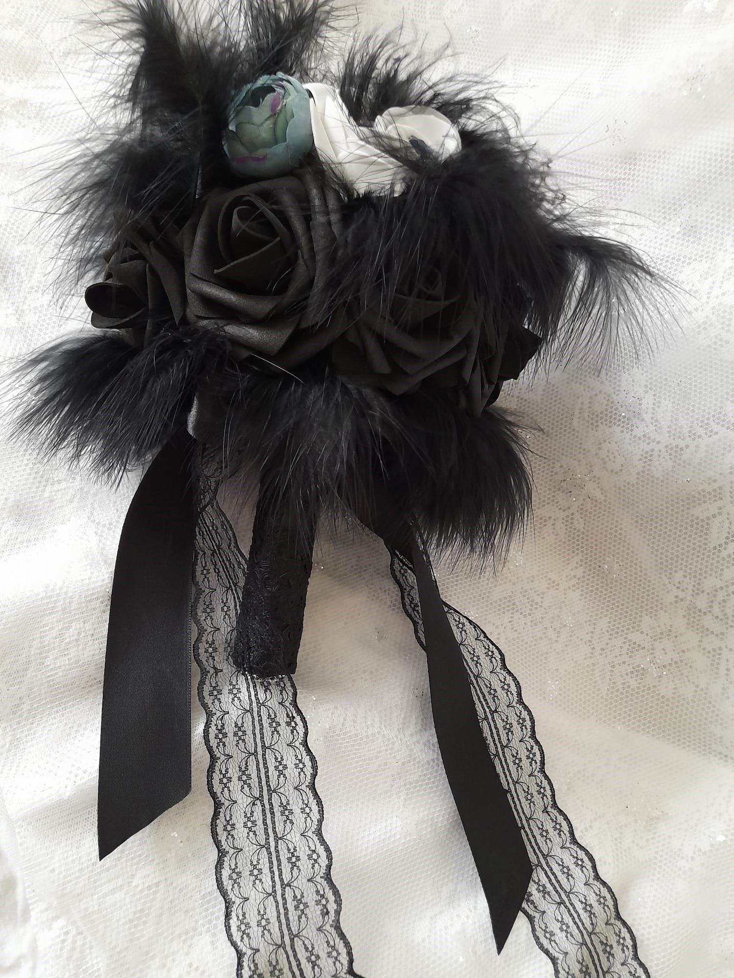 Black Gothic Wedding Bouquet with Feathers: Dark Romance Decor