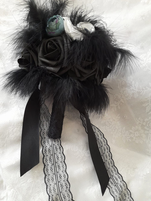 Black Gothic Wedding Bouquet with Feathers: Dark Romance Decor