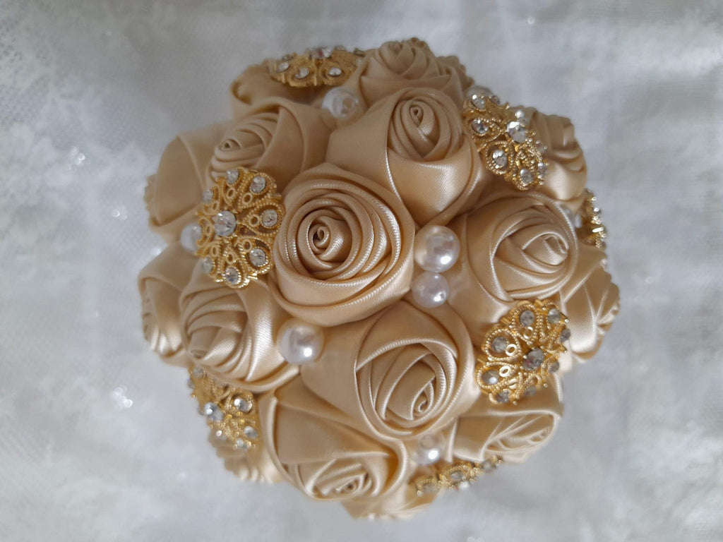 Champagne Wedding Brooch Bouquet: Handmade Pearl Rose Posy