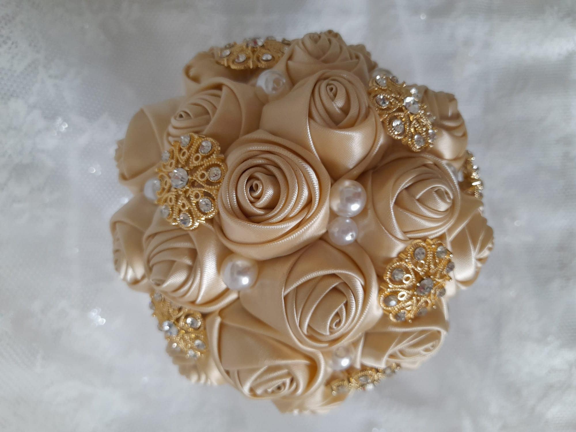 Champagne Wedding Brooch Bouquet: Handmade Pearl Rose Posy