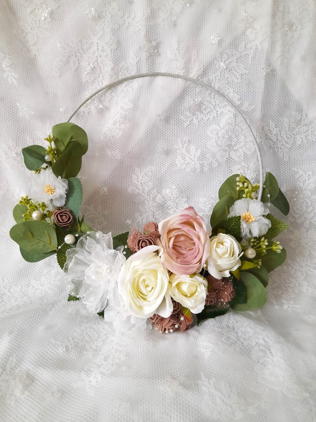 Floral Hoop Ivory Beige Fall Wedding Bouquet - Boho Alternative Bridesmaid Bouquet