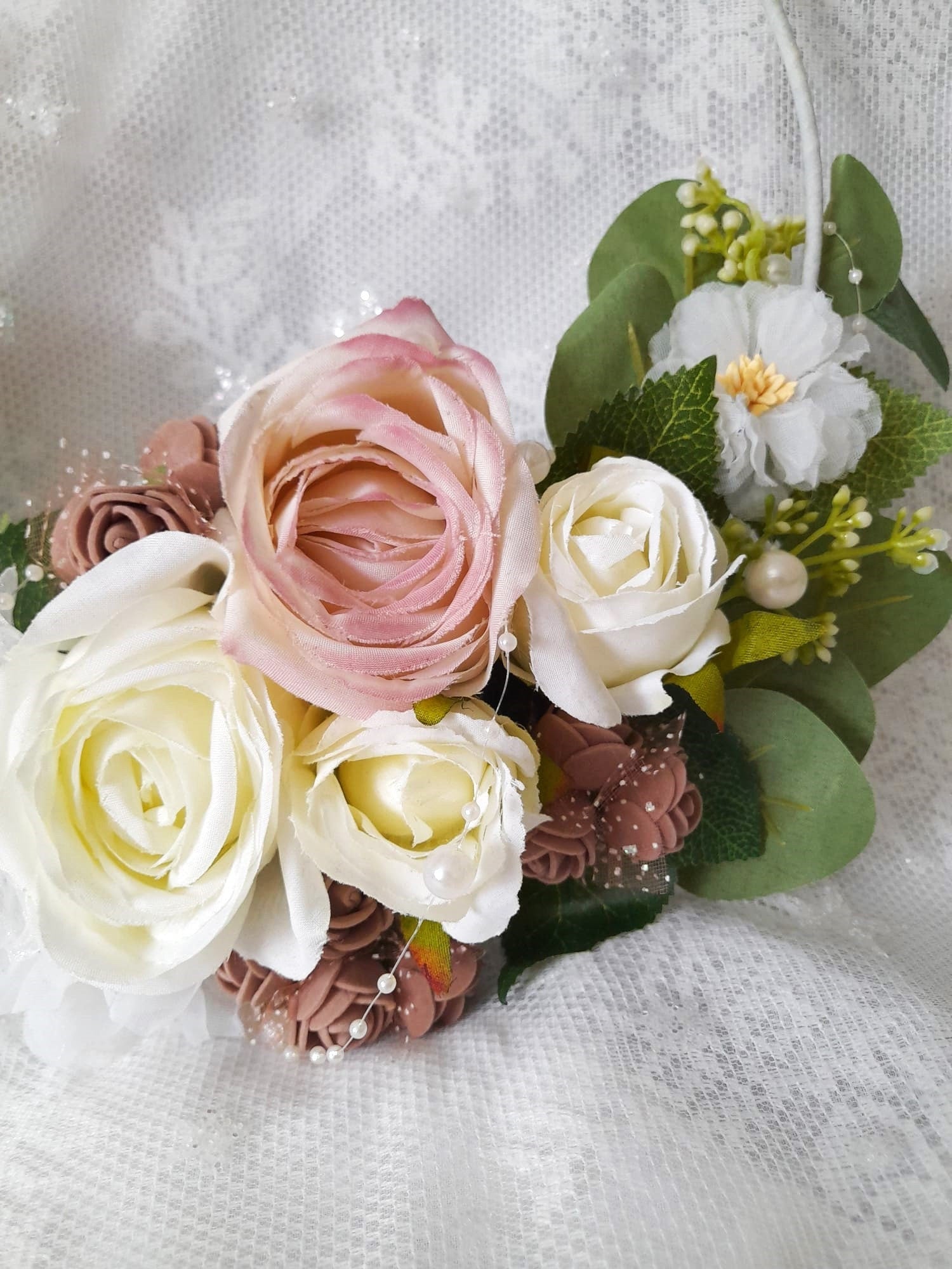 Floral Hoop Ivory Beige Fall Wedding Bouquet - Boho Alternative Bridesmaid Bouquet