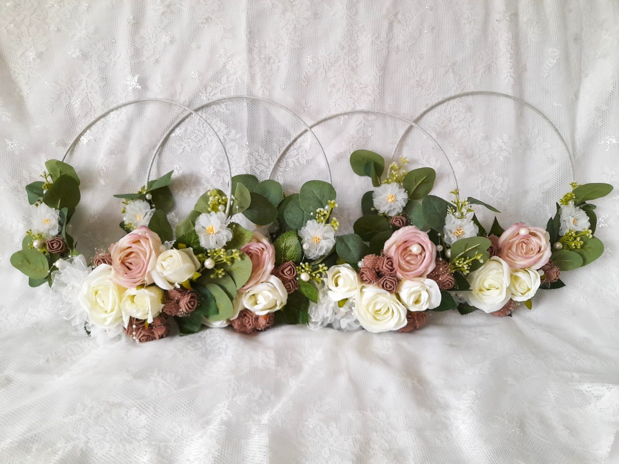 Floral Hoop Ivory Beige Fall Wedding Bouquet - Boho Alternative Bridesmaid Bouquet