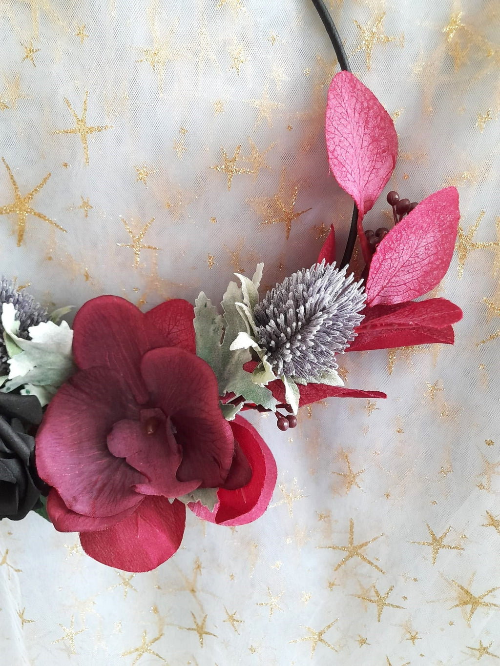 Floral Hoop Black Burgundy Gothic Wedding Bouquet - Unique Alternative Bridesmaid Bouquet