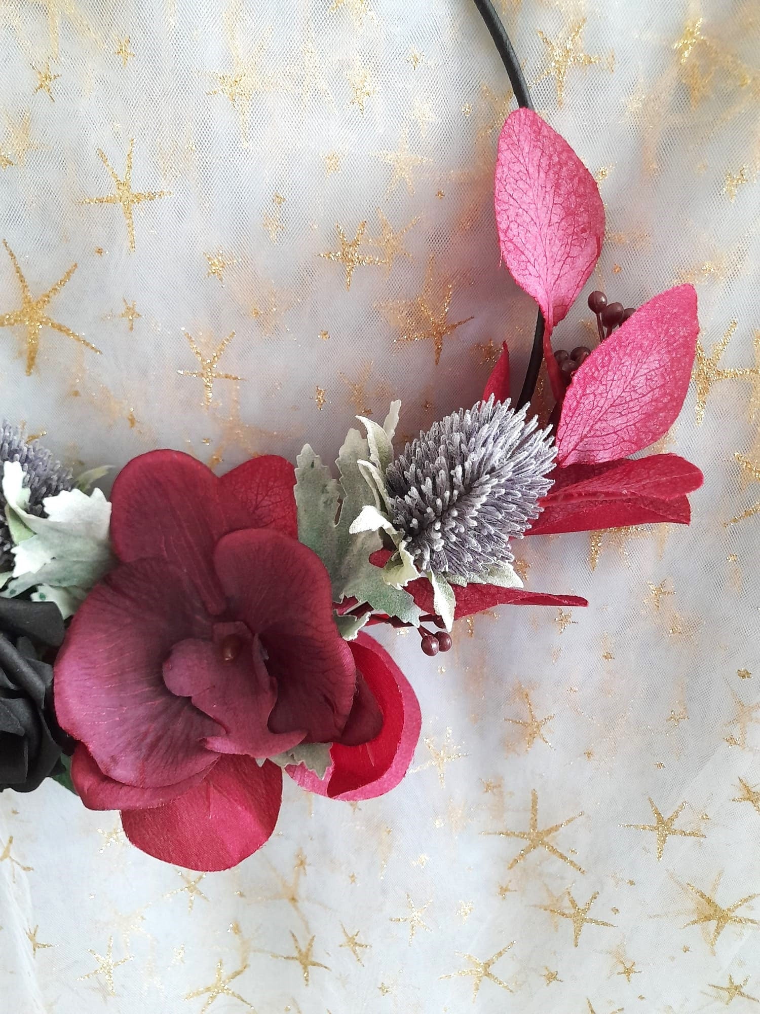 Floral Hoop Black Burgundy Gothic Wedding Bouquet - Unique Alternative Bridesmaid Bouquet