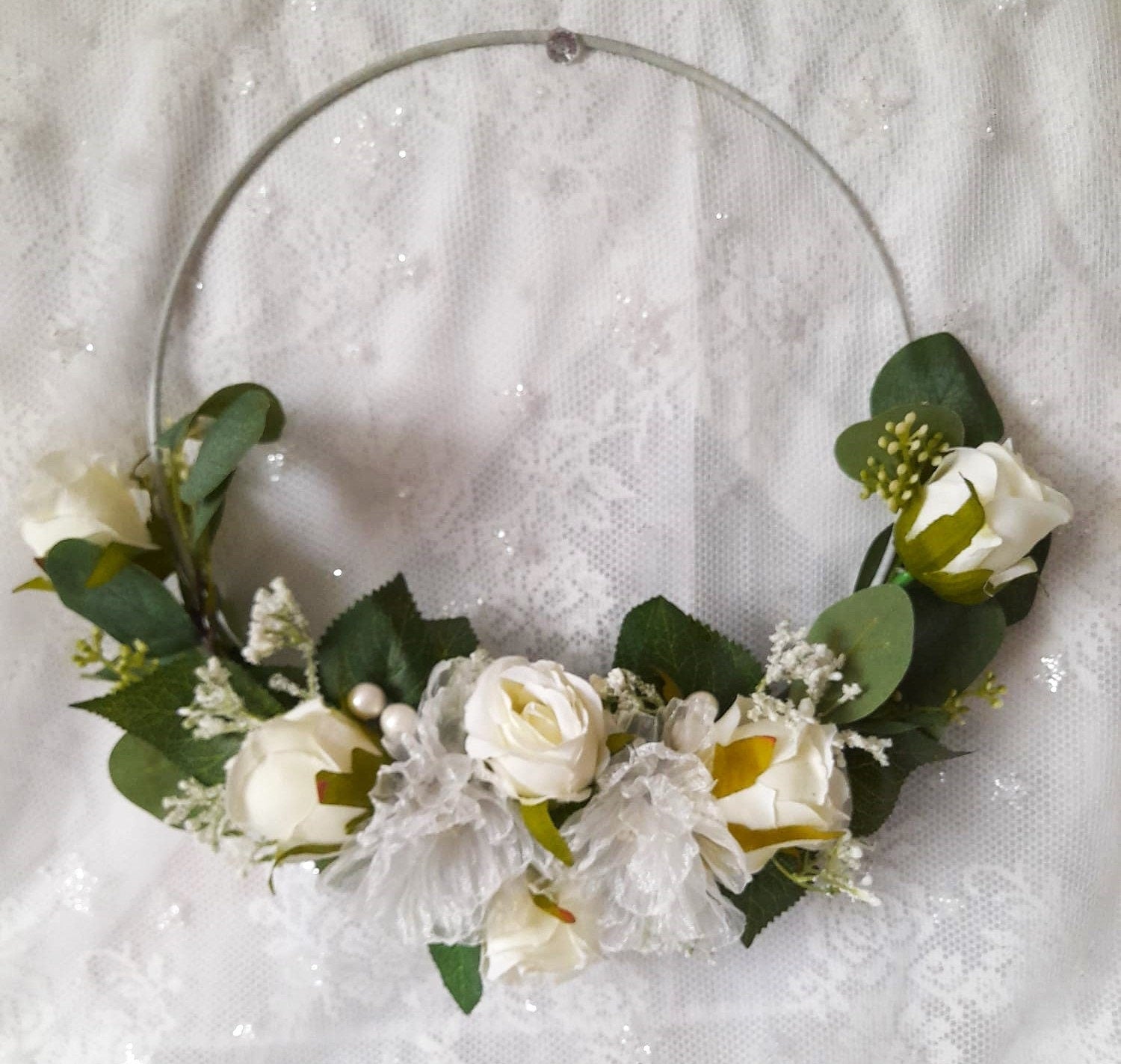 Floral Hoop Bouquet: Ivory Green Rustic Wedding, Boho Bridesmaid Bouquet