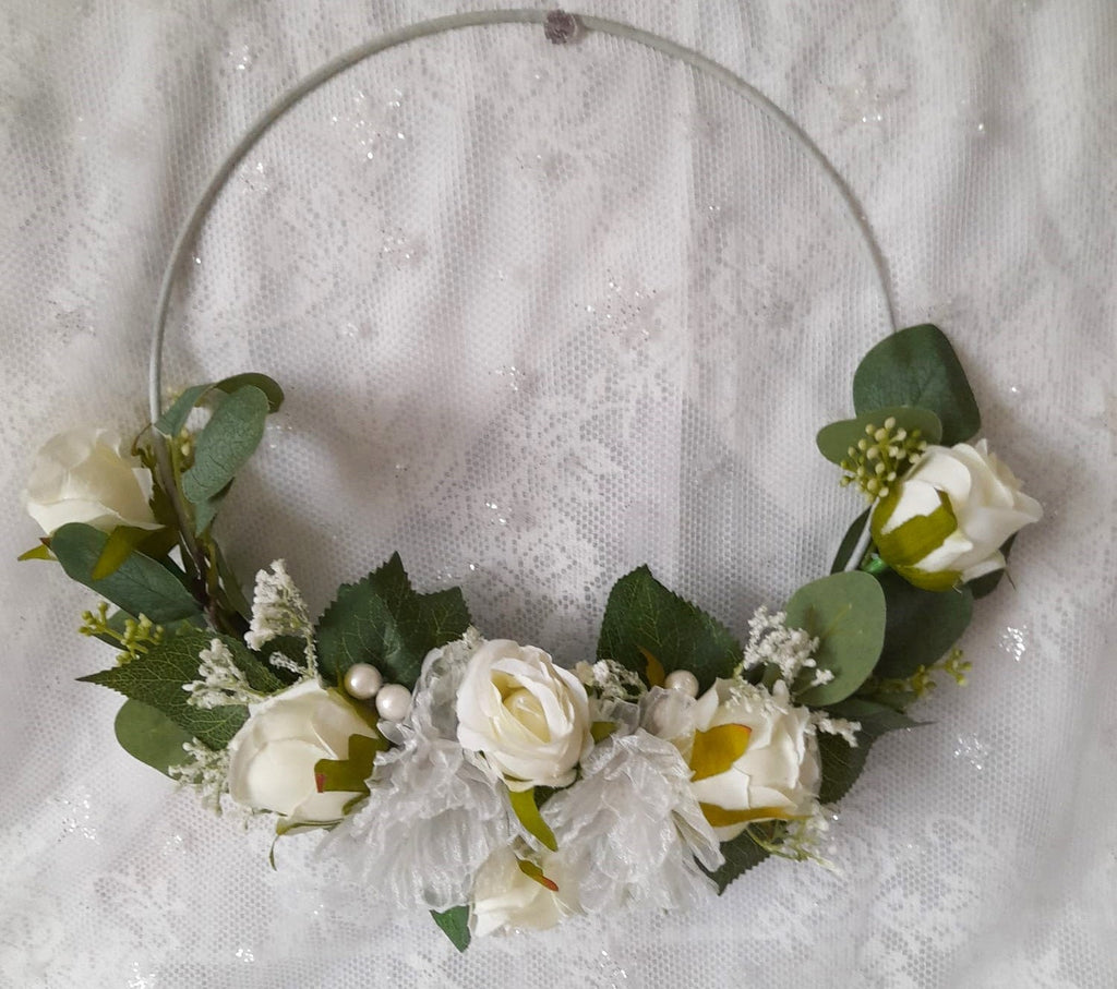 Floral Hoop Bouquet: Ivory Green Rustic Wedding, Boho Bridesmaid Bouquet