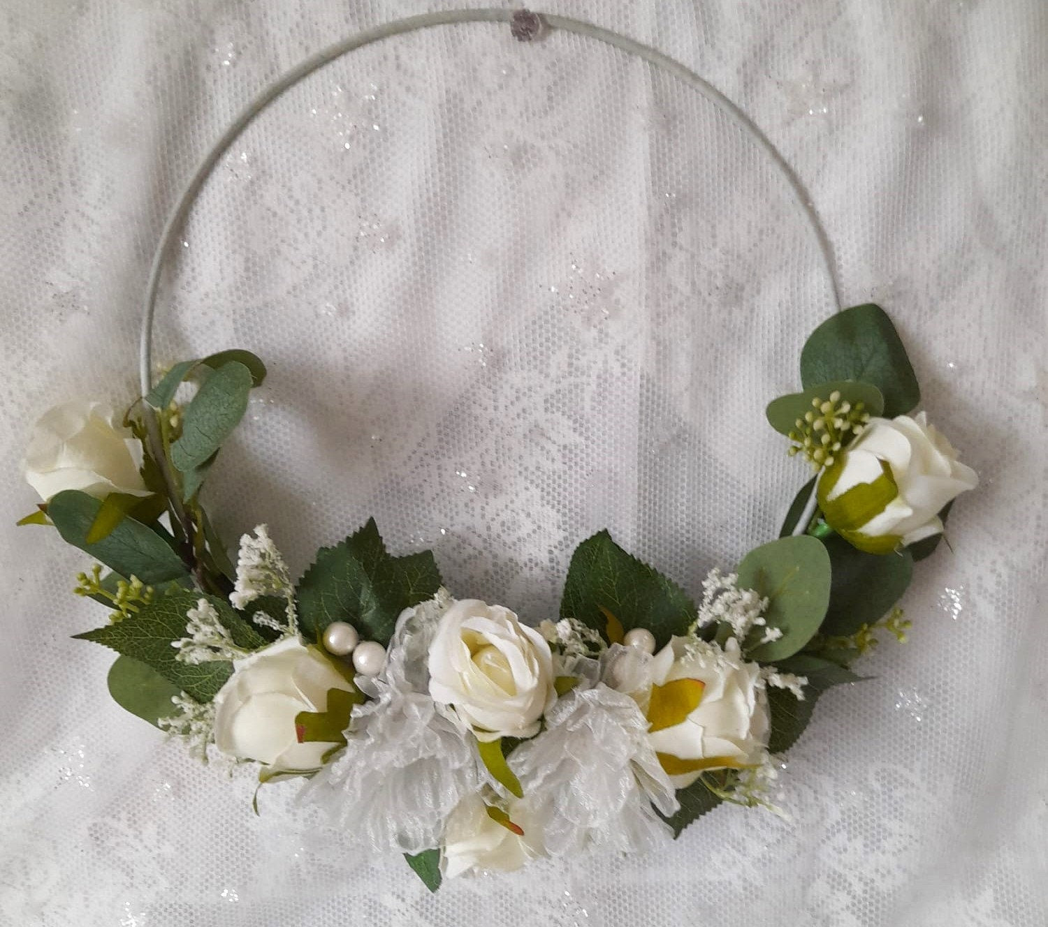 Floral Hoop Bouquet: Ivory Green Rustic Wedding, Boho Bridesmaid Bouquet