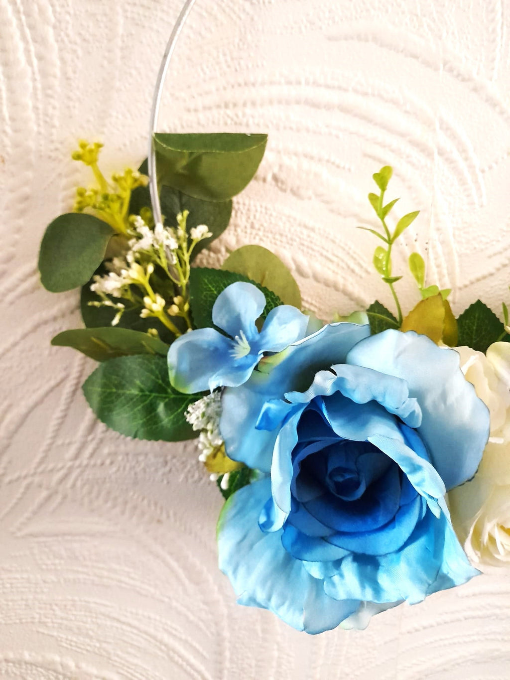Whimsical Ivory Blue Floral Hoop Bouquet - Unique Wedding Bouquet for Boho Bridesmaids