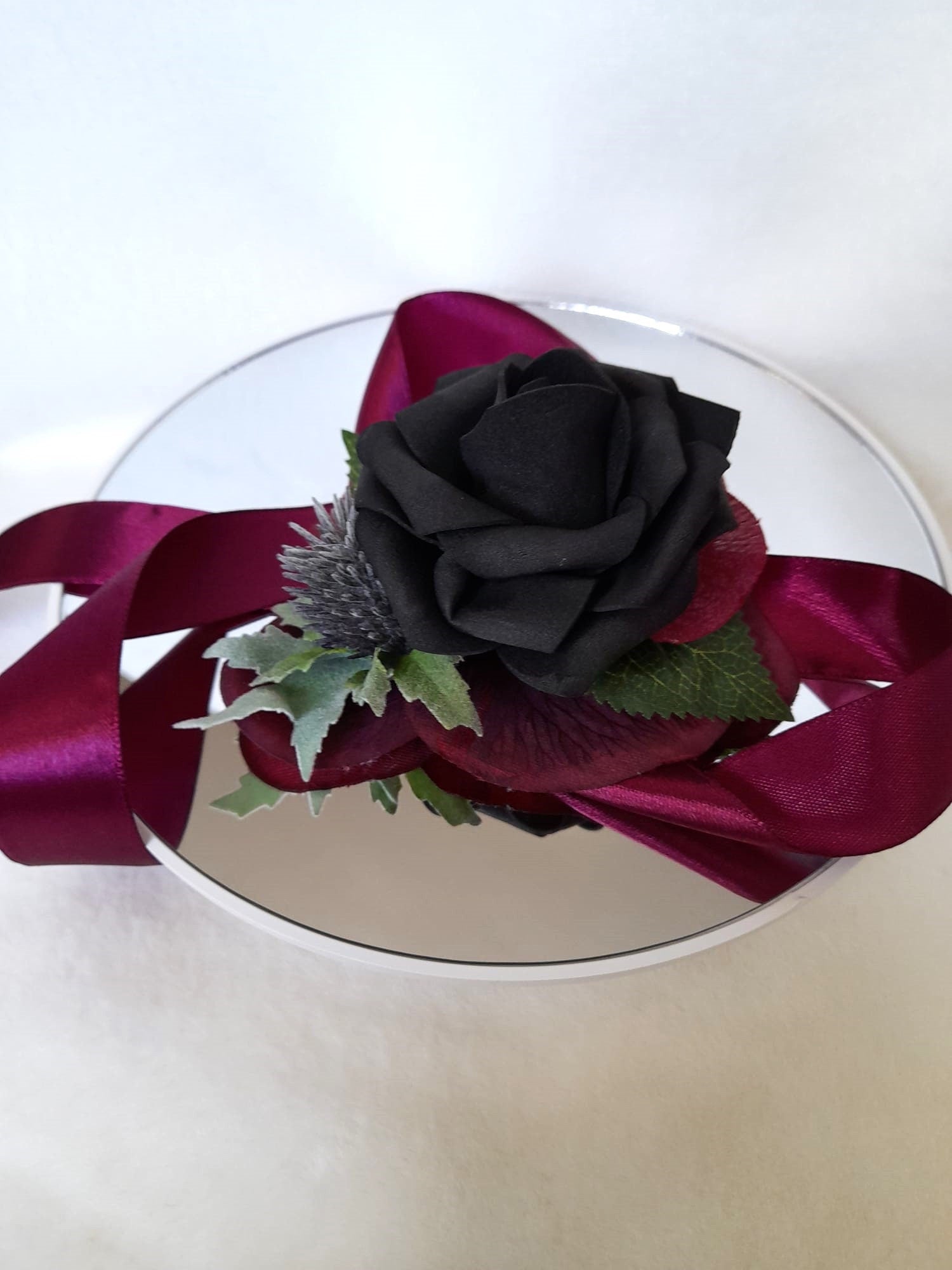 Unique Gothic Black and Burgundy Corsage - Handmade Floral Bracelet for Bride or Bridesmaid