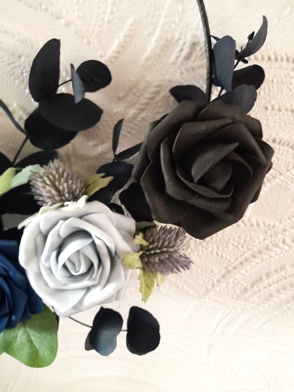 Handcrafted Gothic Floral Hoop: Navy Blue & Black Wedding Bouquet
