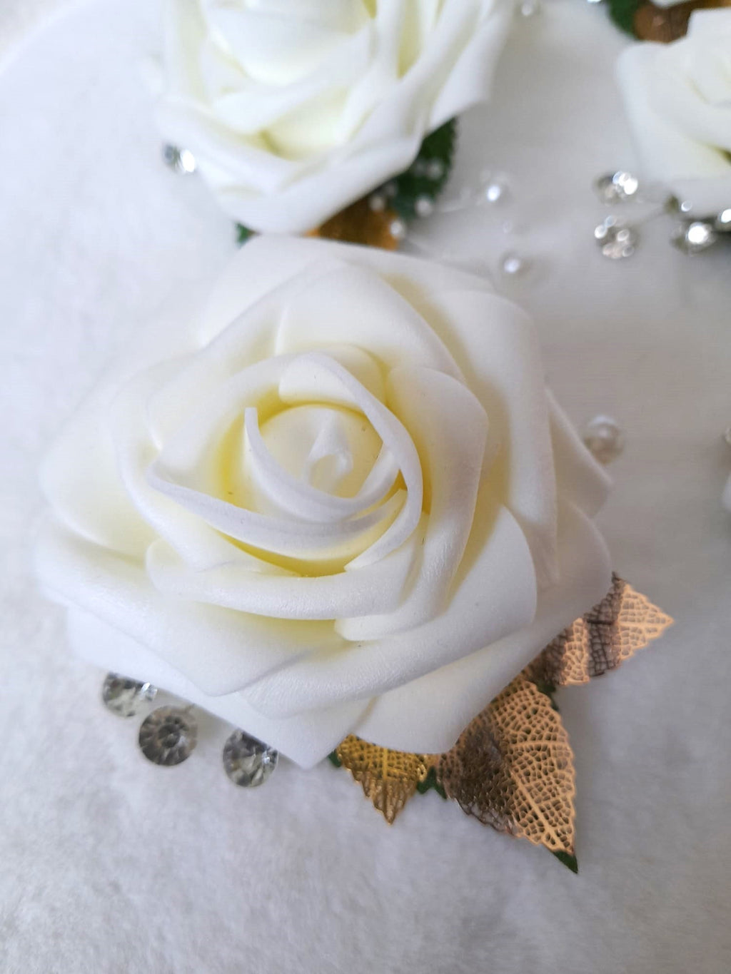 Ivory Rose Wedding Boutonniere with Crystal Detail