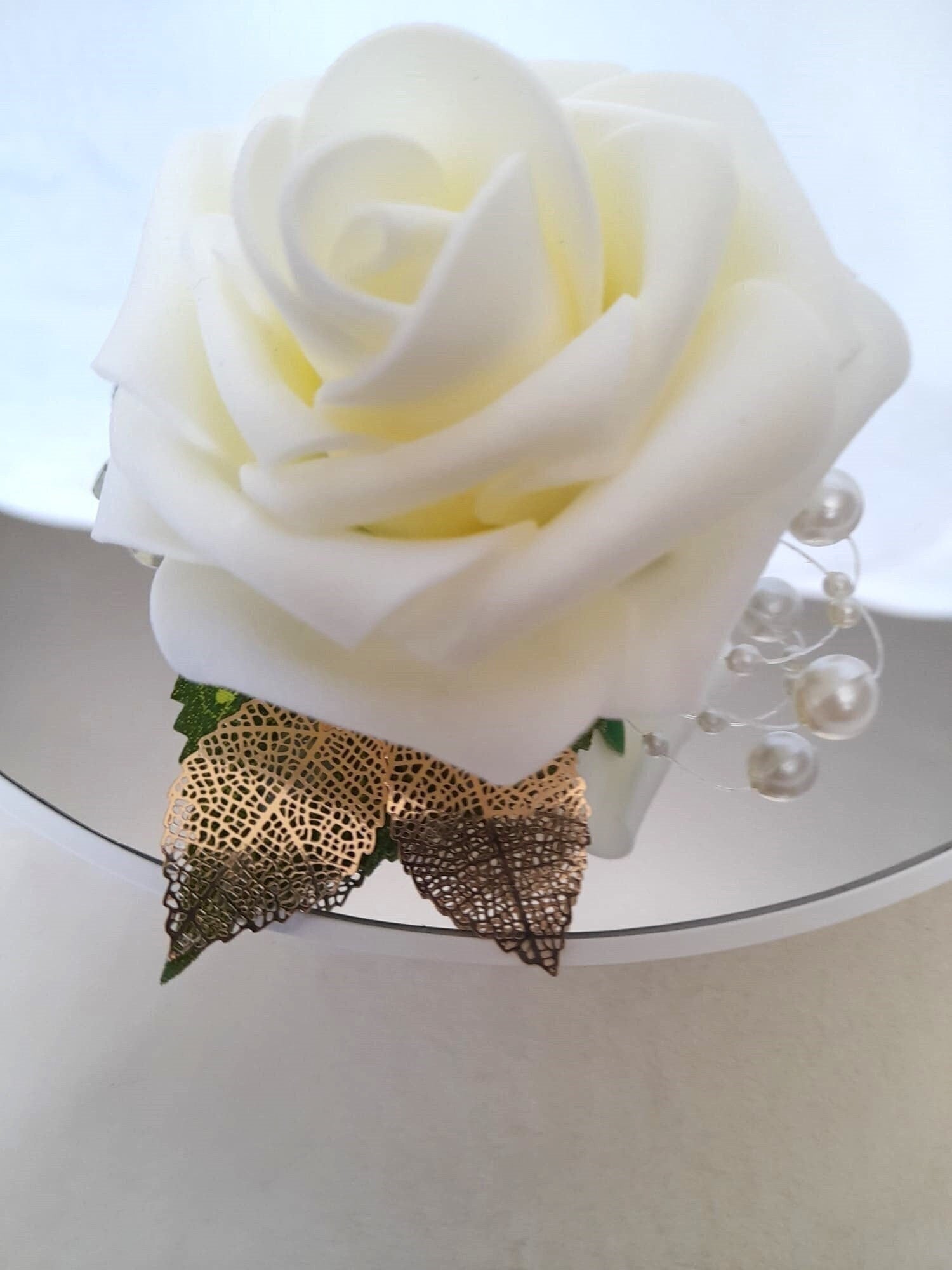 Ivory Rose Wedding Boutonniere with Crystal Detail