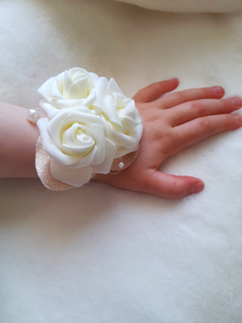 Handcrafted Ivory Flower Girl Wrist Corsage: Wedding Keepsake