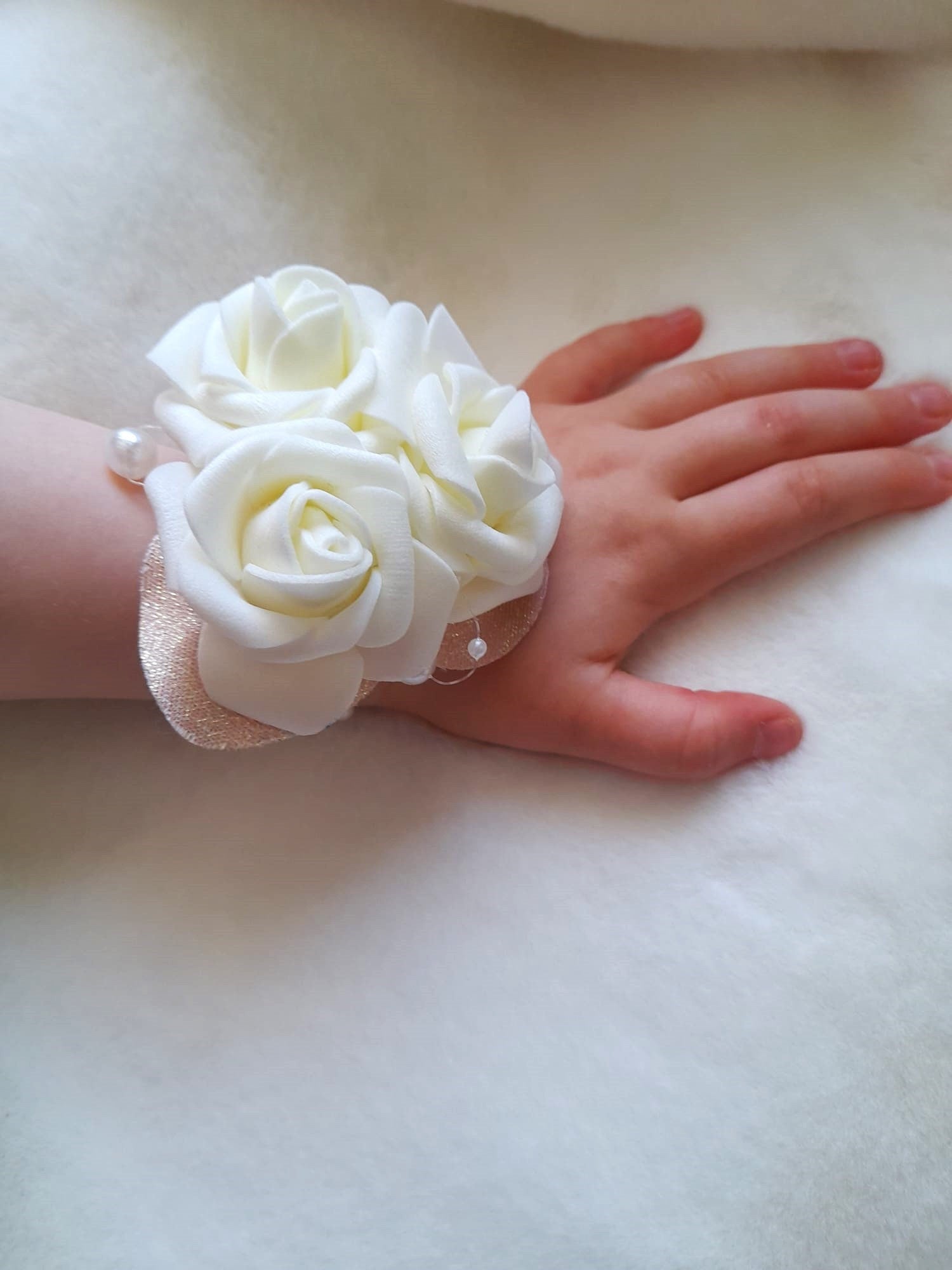 Handcrafted Ivory Flower Girl Wrist Corsage: Wedding Keepsake