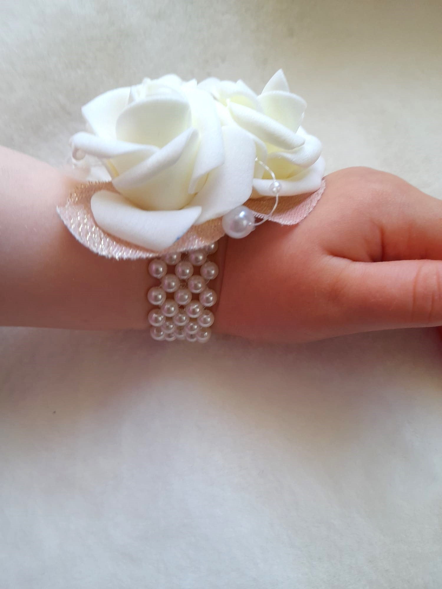 Handcrafted Ivory Flower Girl Wrist Corsage: Wedding Keepsake