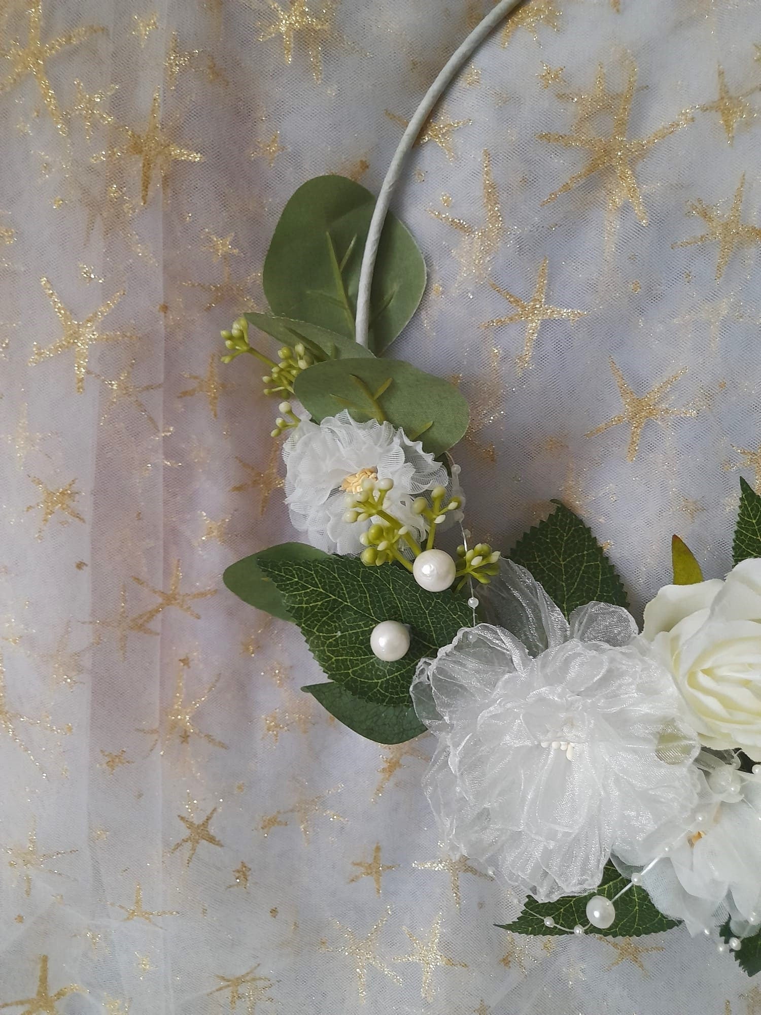Floral Hoop Ivory Green Fall Wedding Bouquet - Boho Alternative Bridesmaid Bouquet