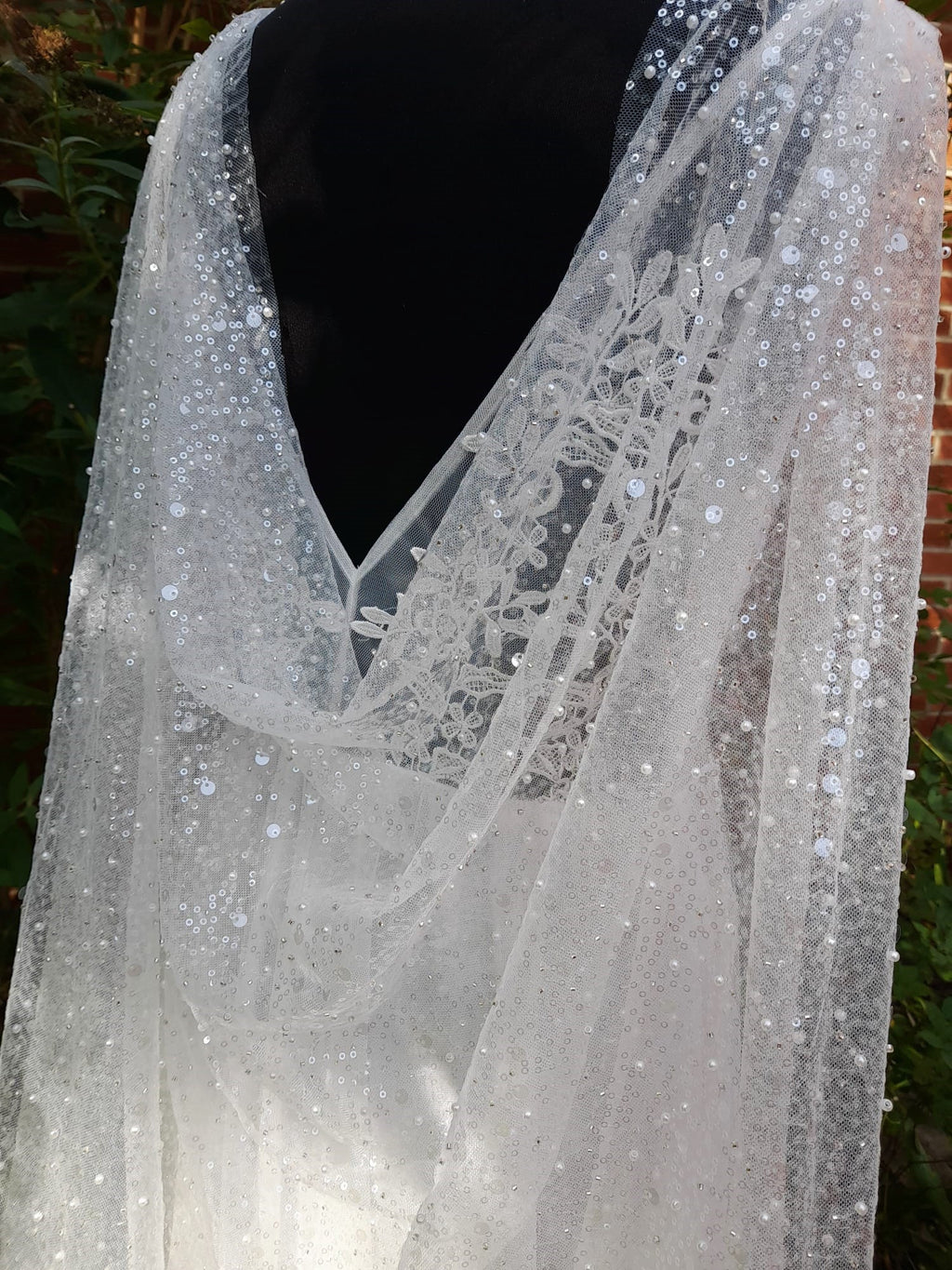 Ethereal Light Ivory Wedding Cape Veil with Beaded Cathedral Elegance