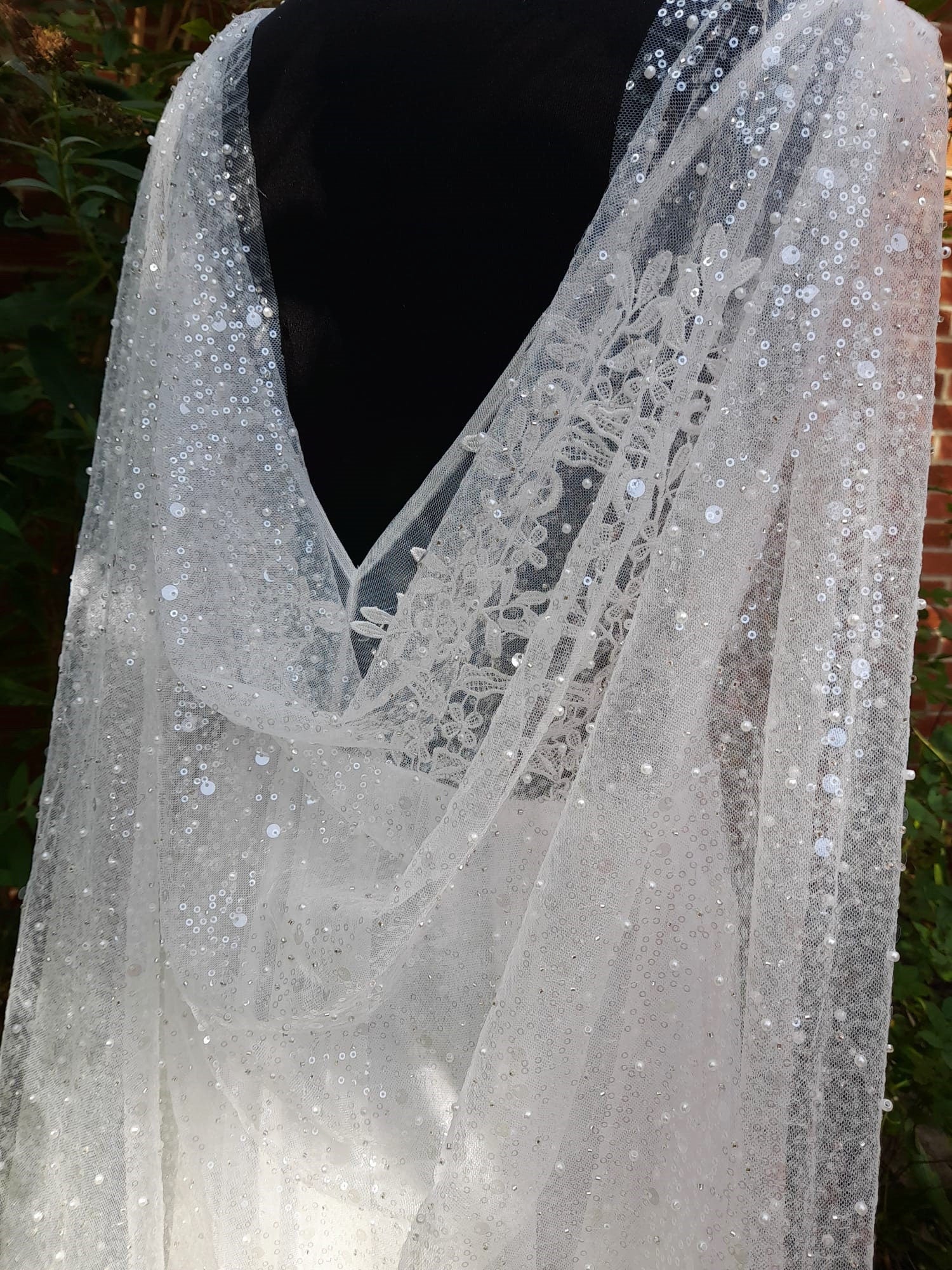 Ethereal Light Ivory Wedding Cape Veil with Beaded Cathedral Elegance