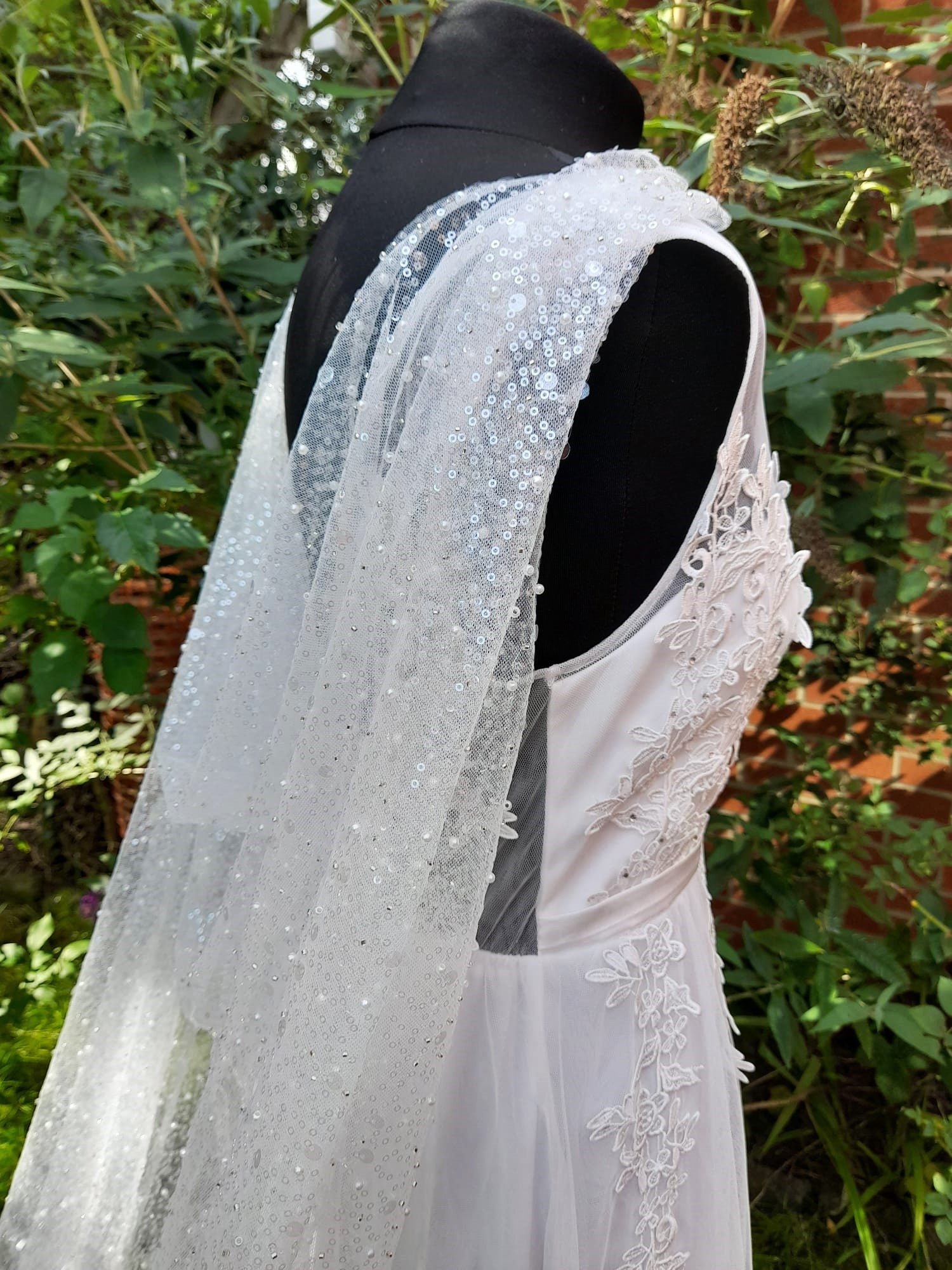 Ethereal Light Ivory Wedding Cape Veil with Beaded Cathedral Elegance