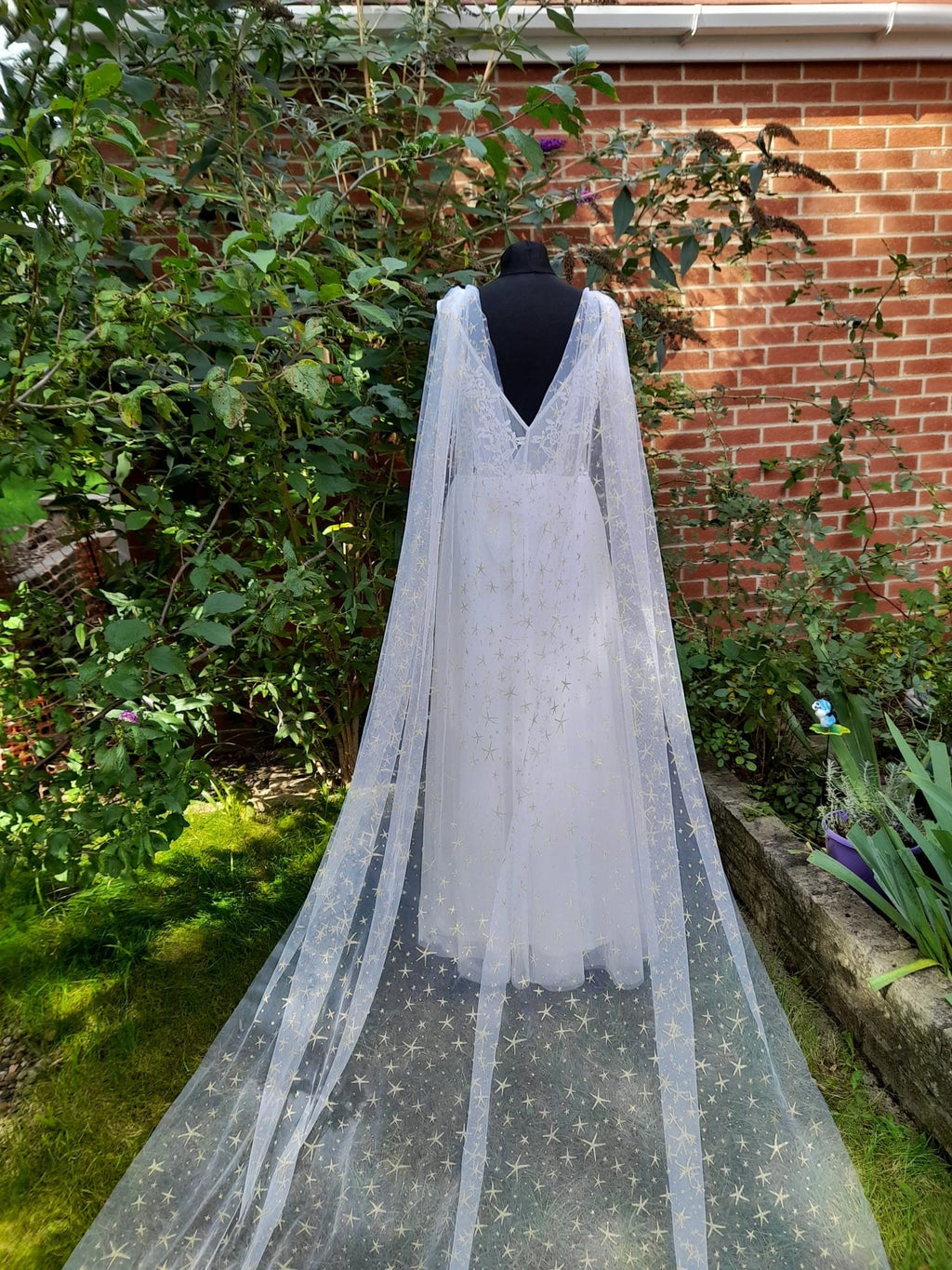 Celestial Elegance: Ivory Cape Veil with Gold Stars, Moon Goddess Wrap